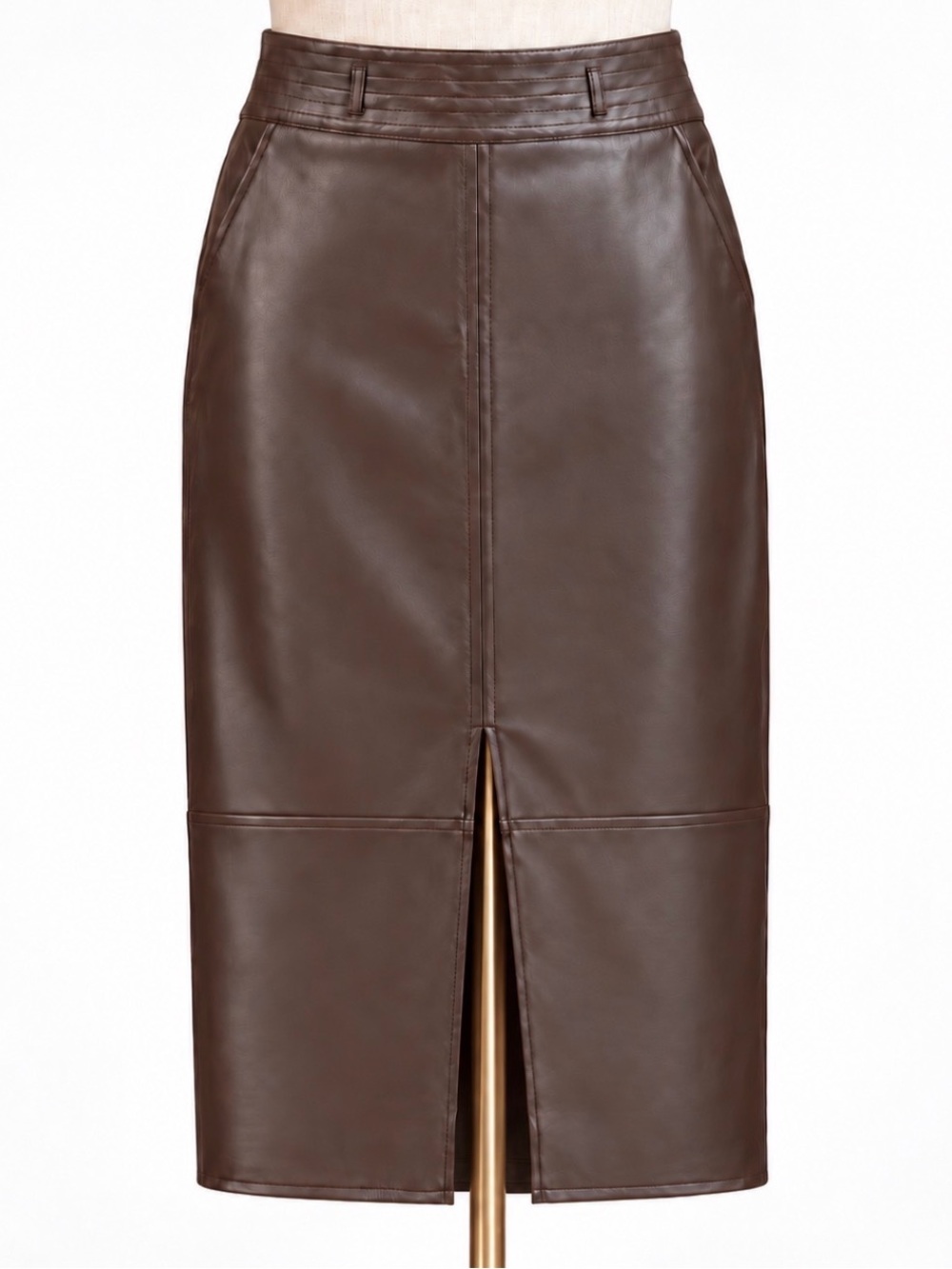 Elie Tahari Dark Brown Faux Leather Pencil Skirt with Center Slit